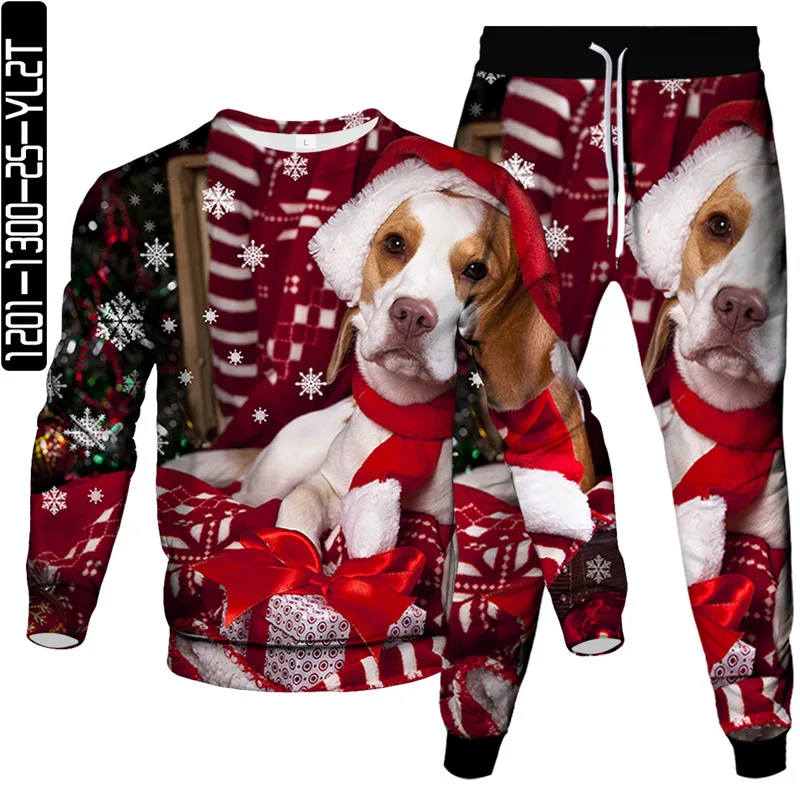 Christmas Animal Cat Snowflower Dog Bear Snowman Print Men Fashion Clothes Suit Sweatshirt Pants 2 Pcs Set Tracksuit Size S-6XL