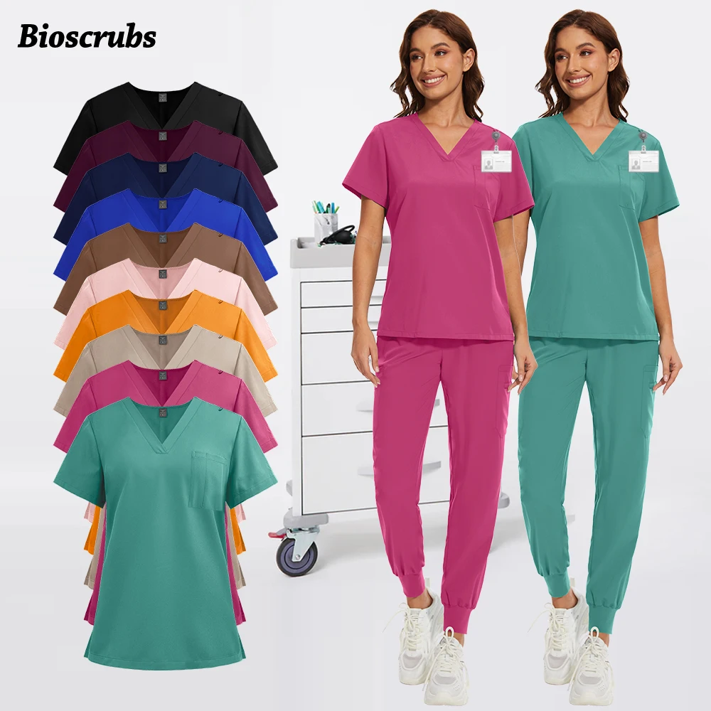 

High Quality Women Men's Uniform Medical Nurse Clothes Clinical Surgical Scrub Set V-Neck Top+Pant Hospital Workwear Doctor Suit