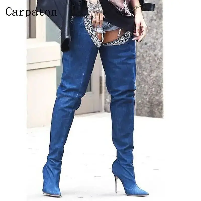 Trousers Sexy Blue Denim Boots Pointed Toe High Heels Shoes Woman Over The Knee High Fashion Women Party Dress Shoes