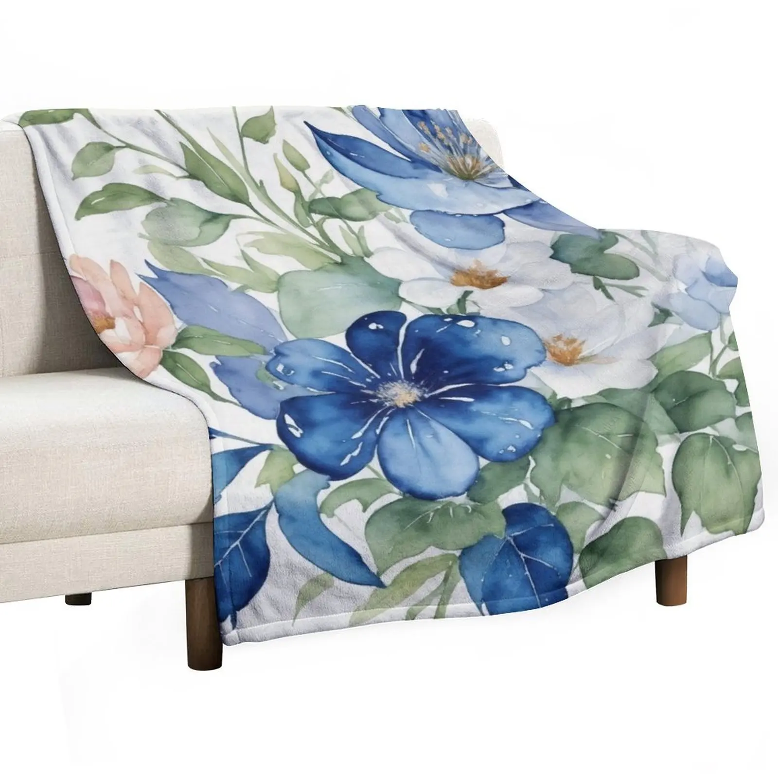 Watercolor Blue and Green Pastel Floral Pattern Throw Blanket Luxury Brand Sofa Bed Beautifuls Thins Blankets