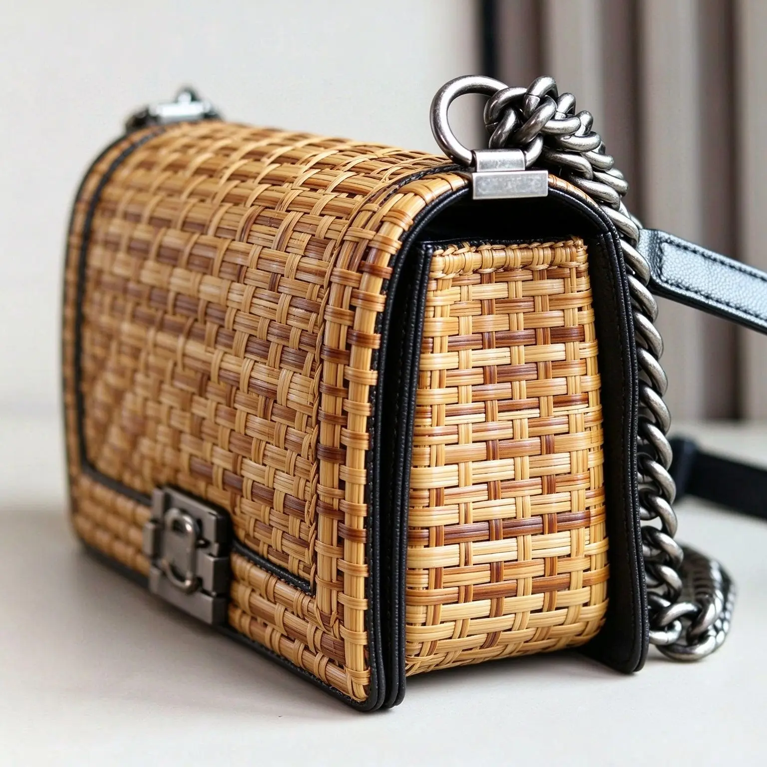 Boho Style Rattan Woven Women Chain Shoulder Bag Geometric Lattice Pattern Removable Dual-purpose Strap Holiday Daily Crossbody Bag