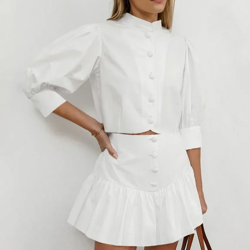 

2925 Cotton White Dress Set for Women's Summer Stand Collar Slim Fit Shirt Casual Pleated Skirt Set