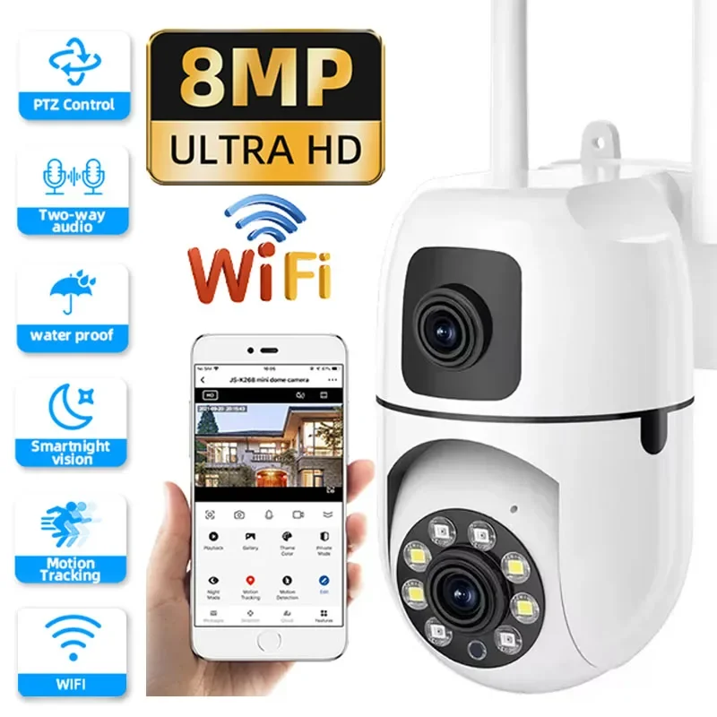 

4K 8MP WiFi Camera Dual Lens Dual Screen Auto Tracking Two Way Audio Color Night Vision Outdoor 8X Digital Zoom Security CCTV