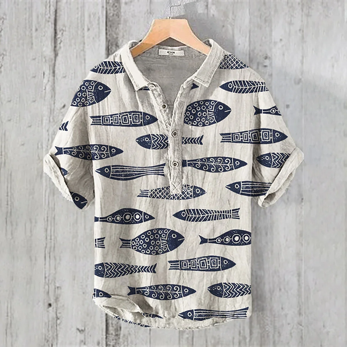 Men\'s trendy linen shirt 100% linen 3D HD print fish series casual loose Hawaiian large size shirt S-5XL fast shipping