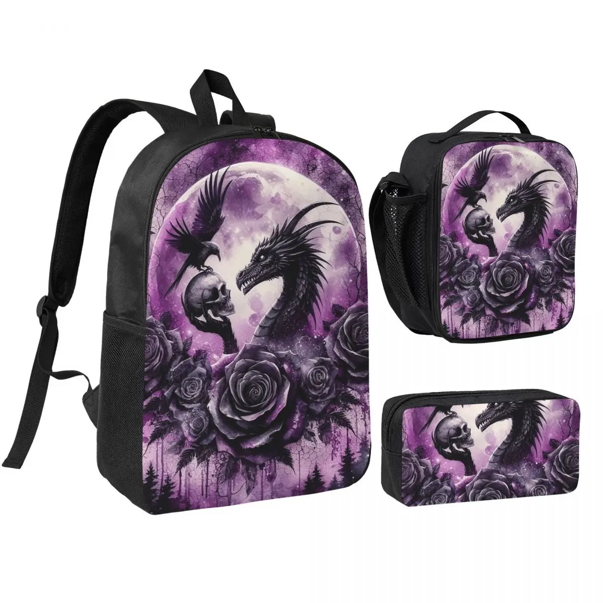 Dragon And Purple Rose Design Backpack Boys Girls BookBag School Bag Shoulder Bags 3ps Insulated Lunch Bag Pencil Case