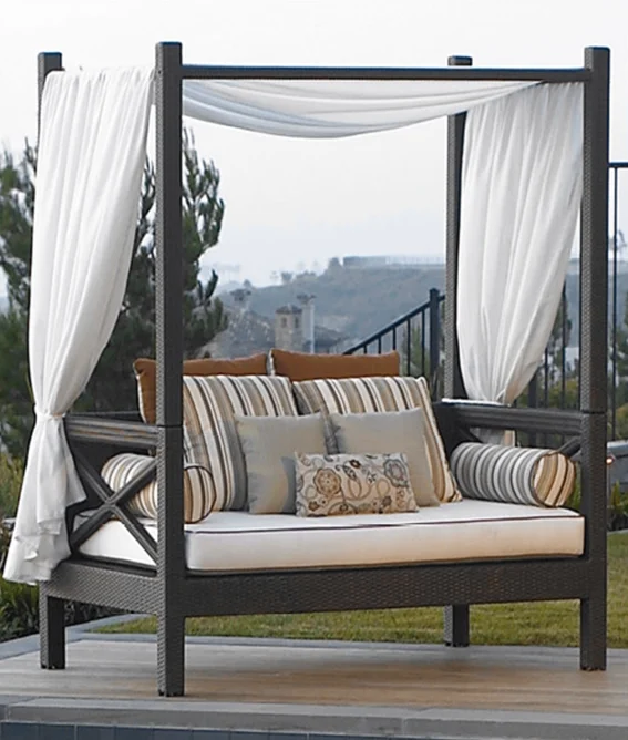 Outdoor Patio Wicker Rattan Sunbed Daybed Furniture r Sofa with Canopy and Pillows