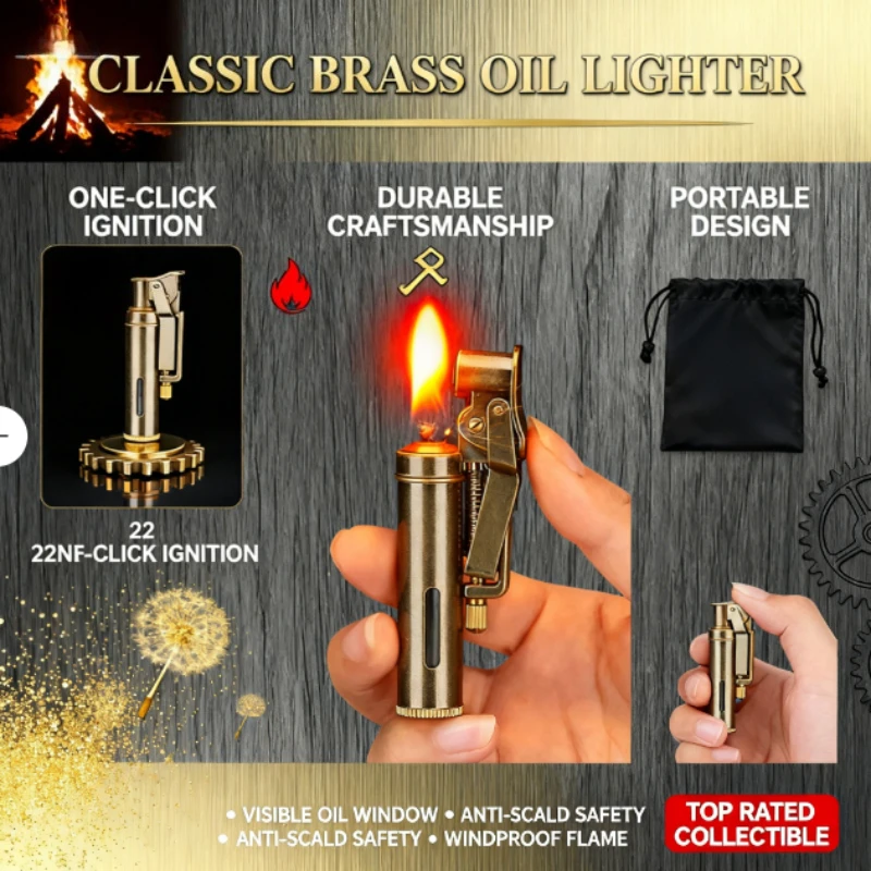 

Boutique New Copper Lighter - Visual Oil Tank, One-Key Ignition, Retro Grinding Wheel, Unique Collectible Gift for Men Smokers