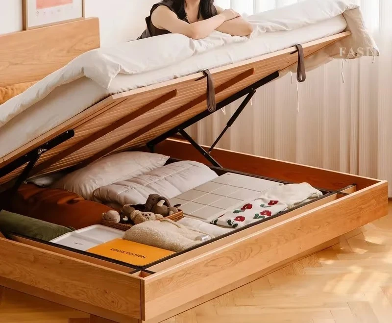 Factory Direct Compatible withFor Nordic Cherry Wood Solid Wood Bed Japanese Style Double High Box Storage Bed Space Saving Furn