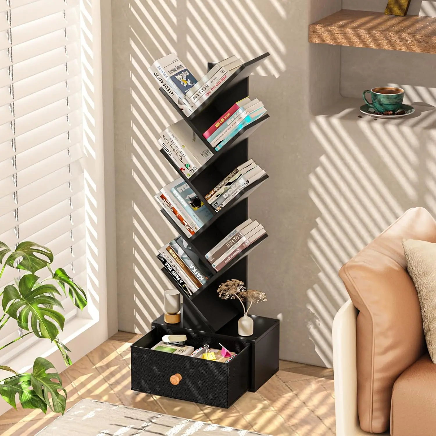 8-Tier Tree Bookshelf with Drawer, Space-Saving Wood Bookcase for Living Room, Bedroom, Home Office Storage