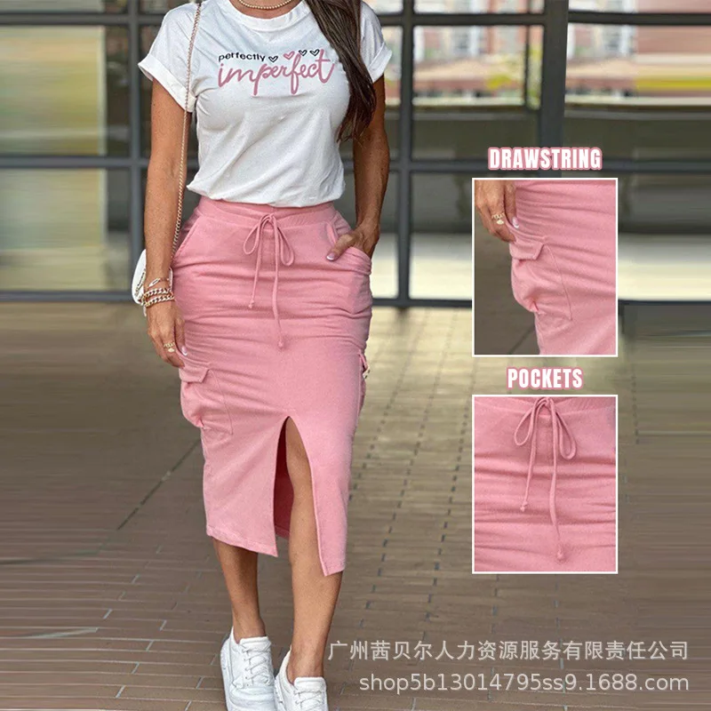 2024 Spring Summer New Women\'s Clothing Letter Print Casual Top Solid Color Pocket Stitching Drawstring Split Skirt Suit Clothes