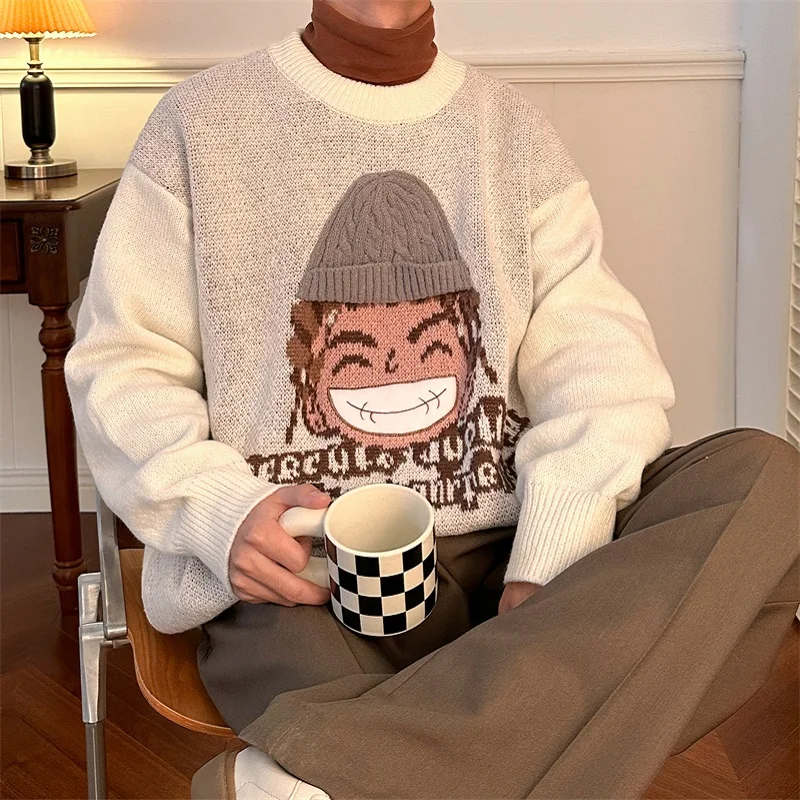 

Парные свободные вязаные свитера с круглым вырезом в американском ретро-стиле, зимняя повседневная одежда, лонгсливы для подростков