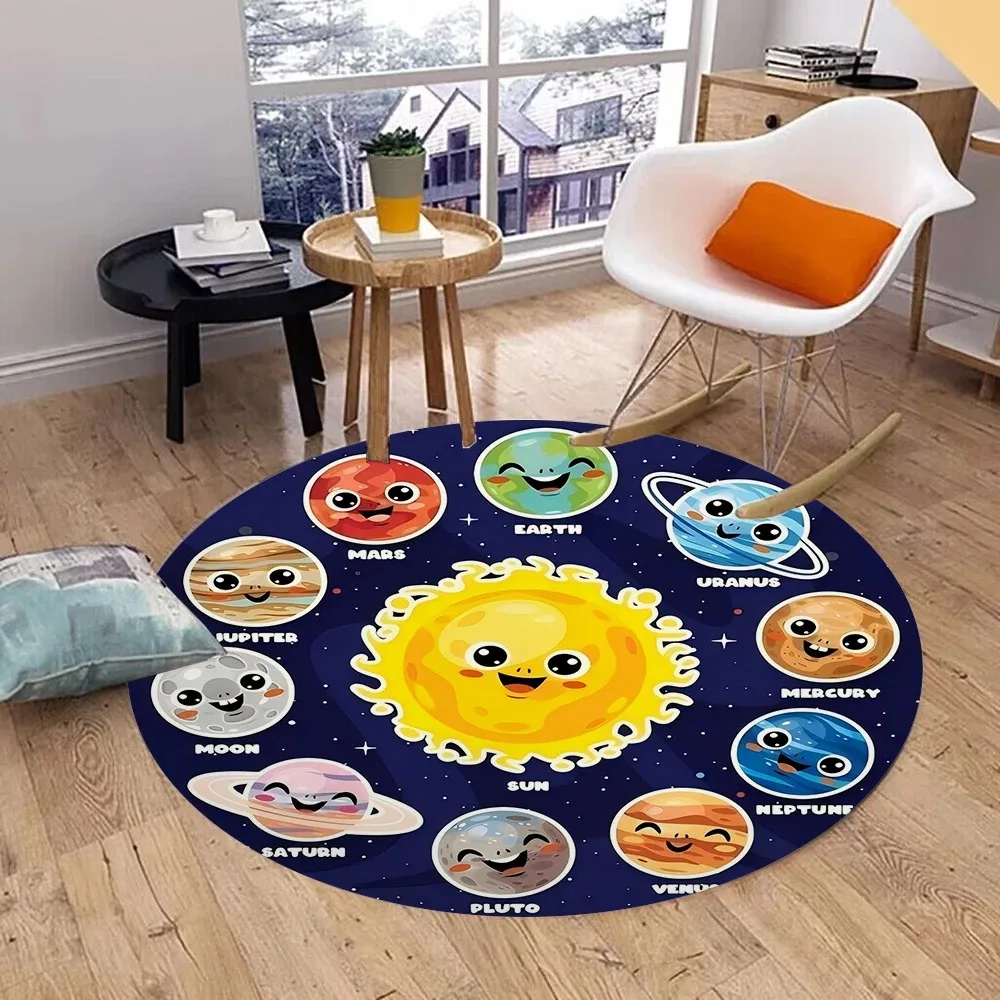 Smiling Solar System Kids Round Rug Cute Planet Pattern Carpet Children's Bedroom Playroom Decorative Floor Mat