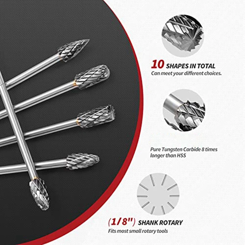 Corte duplo Tungsten Carbide Burr Set, Rotary Files, Diamante Burs Bit, 3mm Shank, 6 \