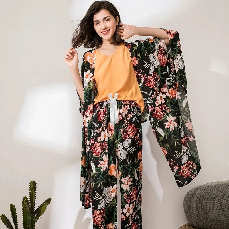 2024 New 3 Pcs Women Pajamas Set Floral Printed Female Soft Pyjama Loose Nightwear Spring Summer Fashion Atmosphere Lounge Wear