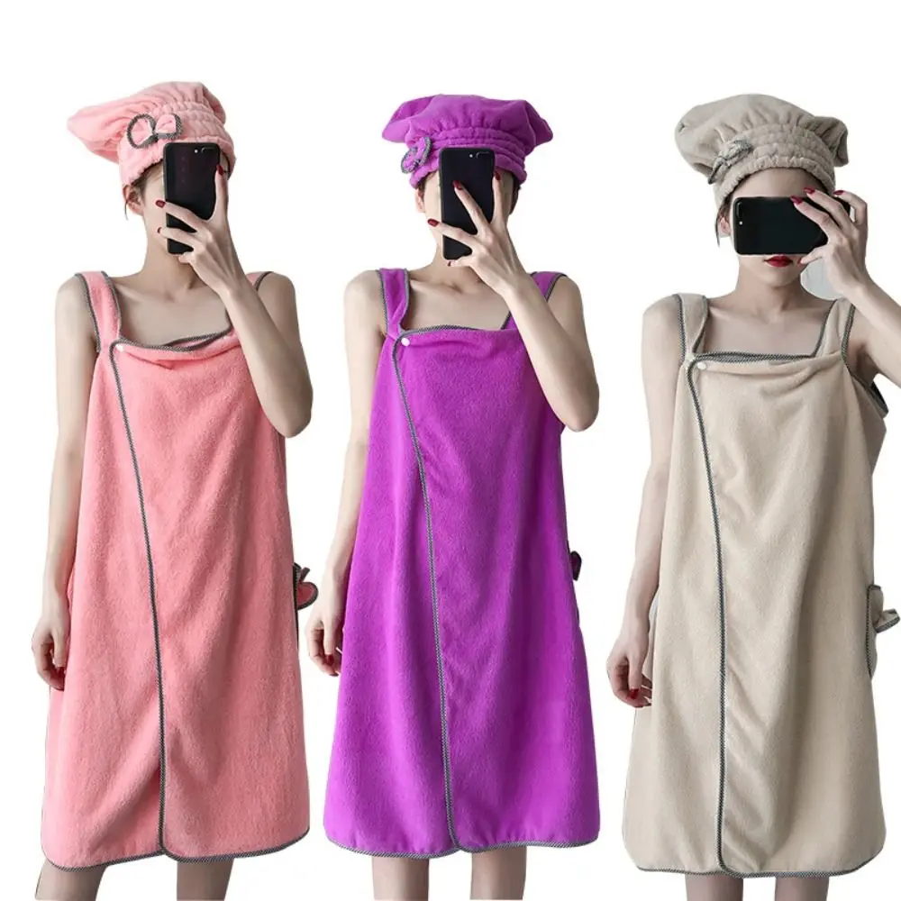 

Home Coral Velvet Bath Towel Cap Headband Set Wearable Soft Bathrobe Sling Absorbent Water Bathrobe Towel Women