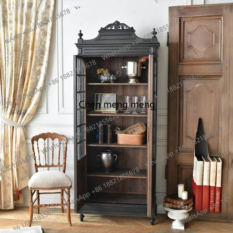 

French Retro Solid Wood Living Room Sideboard American Arch Display Wine Cabinet Carved Storage Cabinet