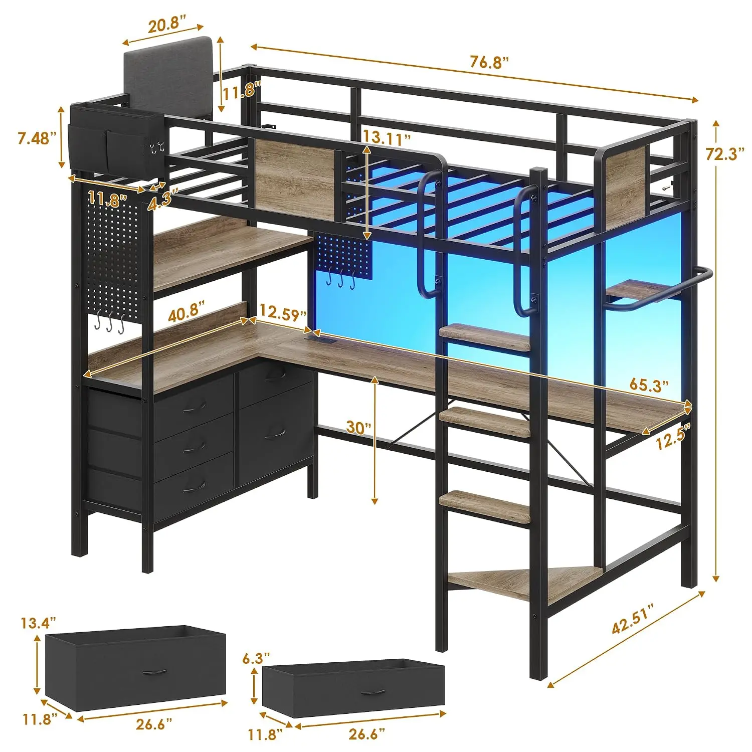 Twin Loft Bed With Desk & 5 Drawers, Wood Gray, Customized