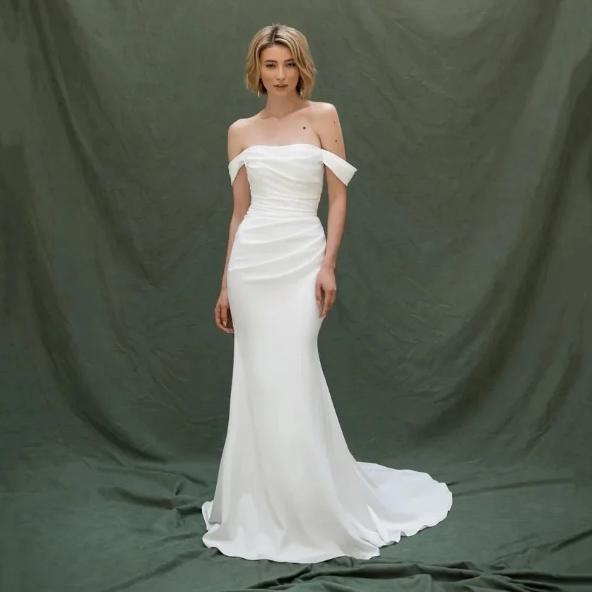 

Simple and Elegant Off-the-Shoulder Soft Satin Mermaid Wedding Dress, Side Slit Backless Slim Fit, Customized Formal Bridal Gown