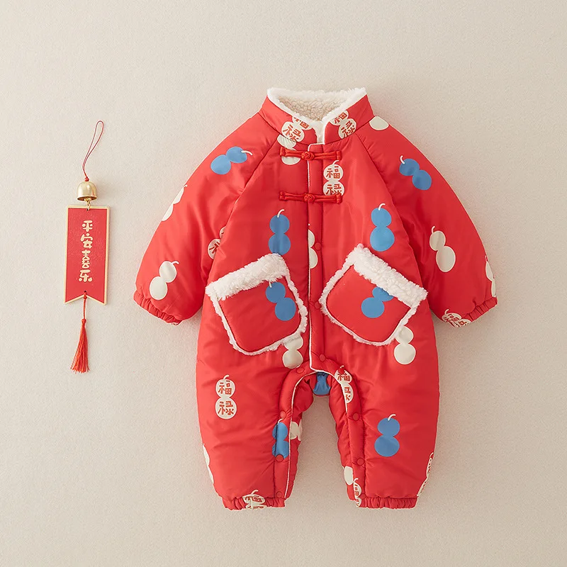 

Jenny&Dave Newborn baby New Year clothes with cotton in autumn and winter, red festive Chinese style jumpsuit for babies to keep