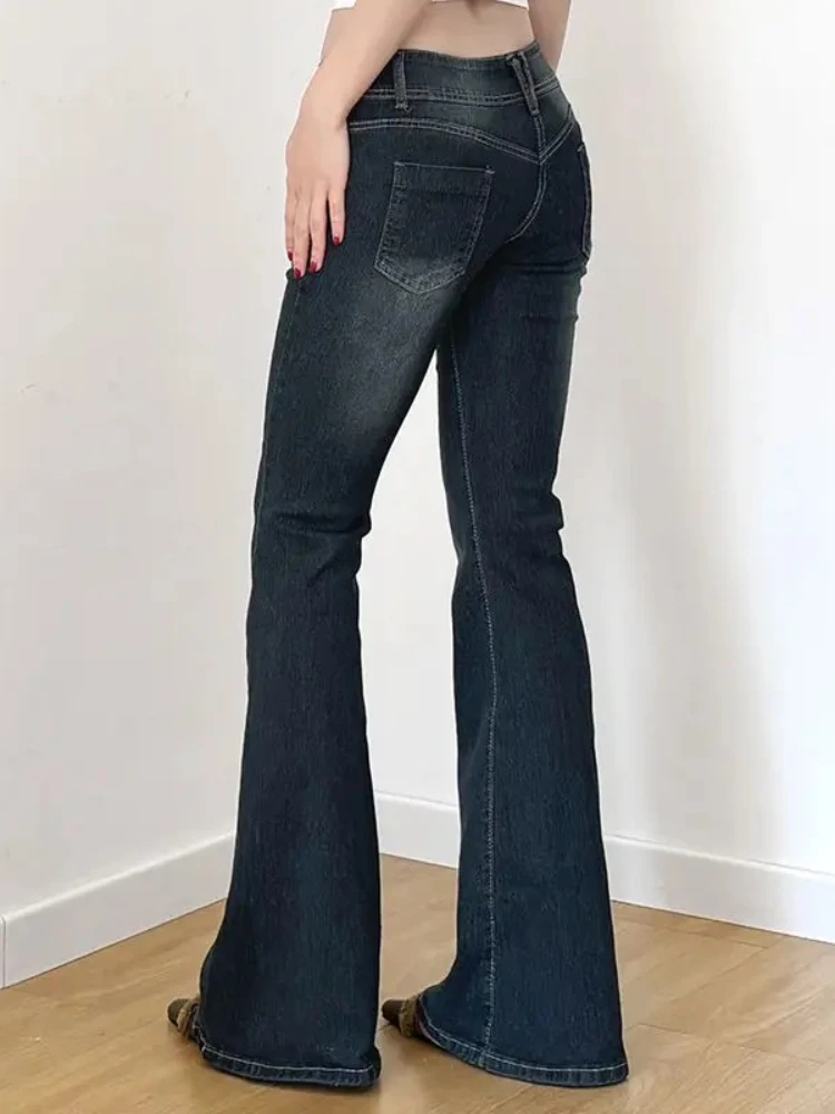 هوتشو خمر غسلها الأساسية المرأة متوهج الجينز منخفضة الخصر النمط الأمريكي سليم الدينيم السراويل زر متابعة السراويل الجمالية غير رسمية #6