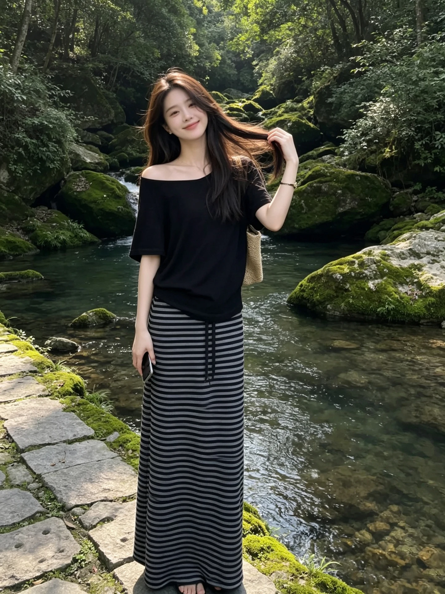

American Style Spicy Girl Simple Shoulder Short Sleeve Striped Knitted Half Skirt Women Summer Lazy Loose Two Piece Set