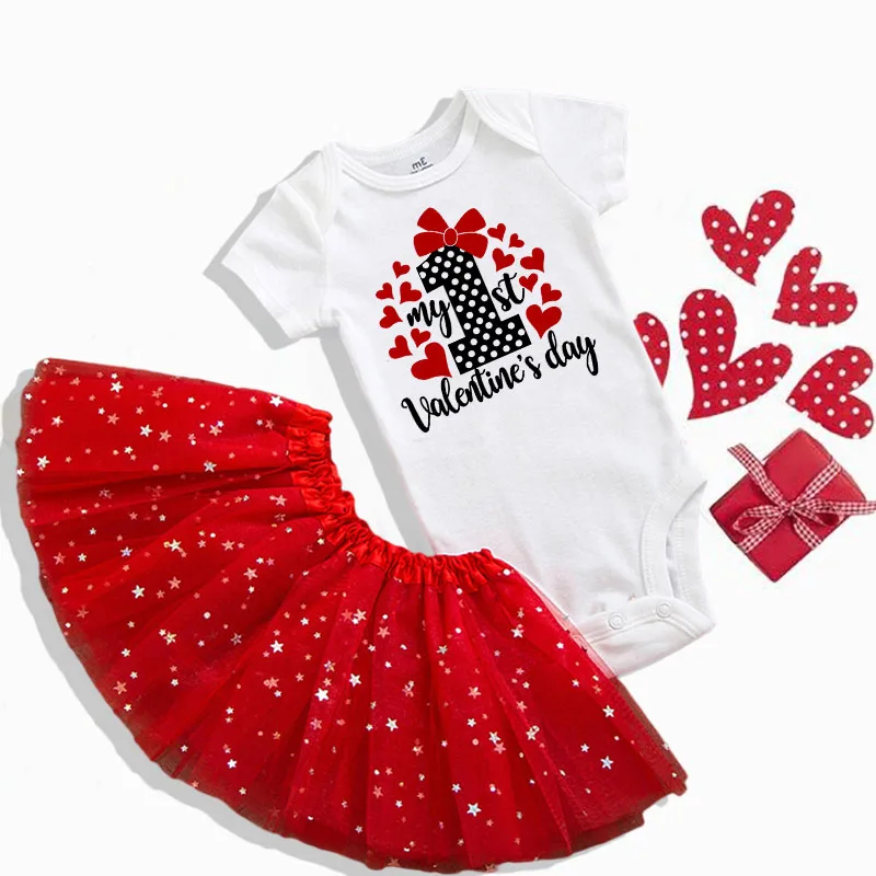 My 1st Valentine Baby Bodysuit Dresses Set Infant Valentine Party Girl Jumpsuit Tutu Skirt Clothes Toddler Holiday Outfit Romper