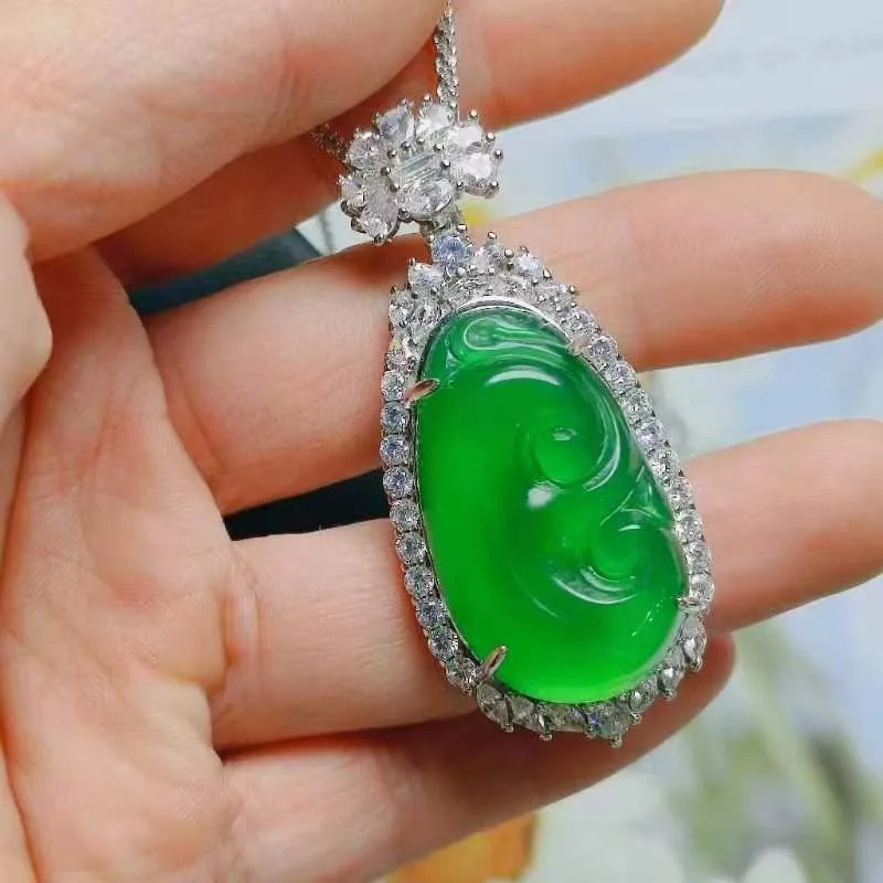 High Ice Green Jade Marrow Ruyi Pendant Necklace Inlaid with Emperor Green Jade Marrow