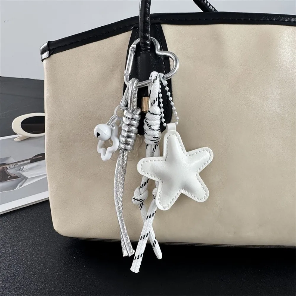Leather Star Bag Keychain Black and White Handmade Mix-And-Match Pendant Star and Braided Rope Pendant Decoration Sweet-Cool Bag