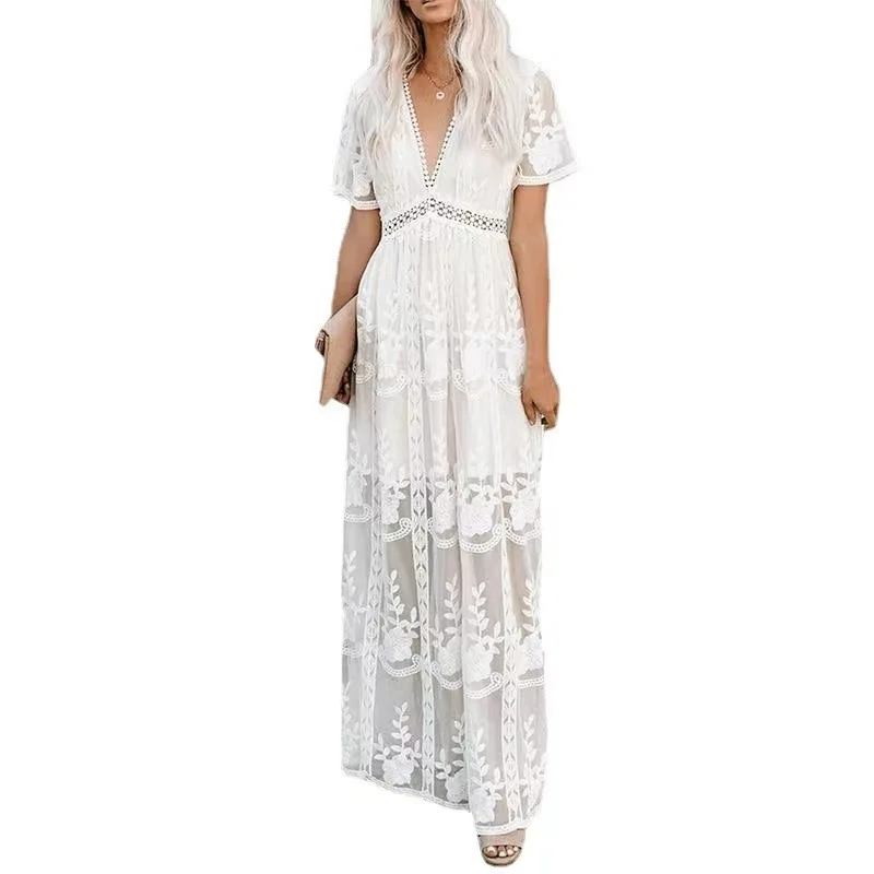 Women\'s Dress White Lace Hollow Out Cotton Sundress Lace Sleeveless Long Splicing Summer Party Elegant Evening Woman Clothes