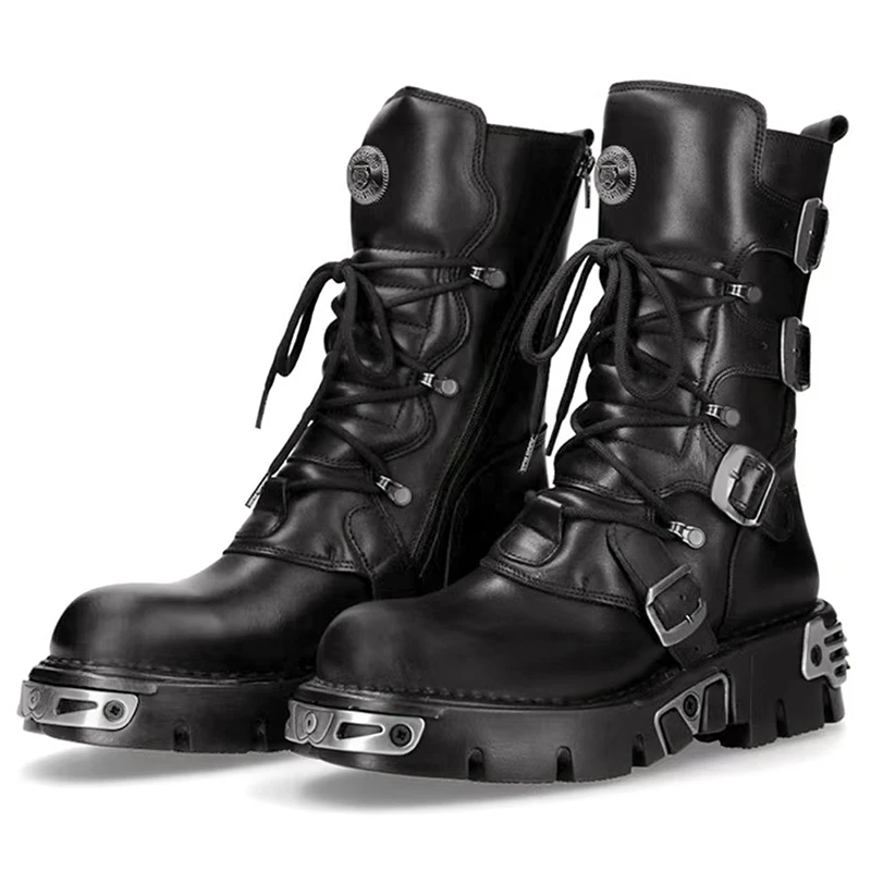 أحذية رجالية فاخرة على الطراز القوطي الشرير أحذية عالية للدراجات النارية أحذية من الجلد الأصلي أحذية رعاة البقر ذات نعل سميك للنساء مصممة طويلة للرجال