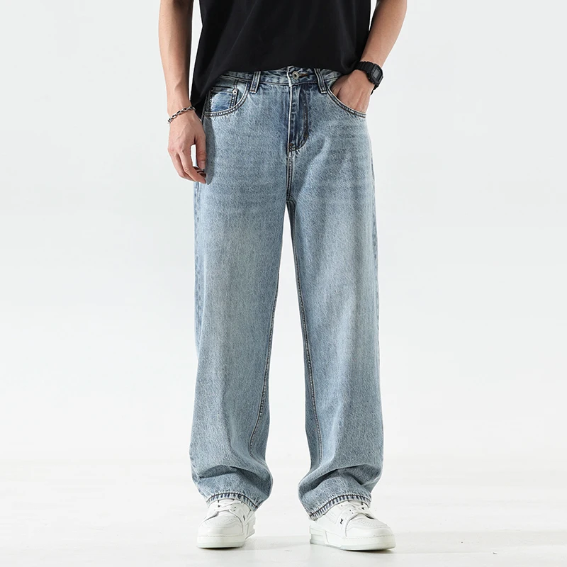 2024 new spring and summer light blue influx of casual jeans straight loose drop feeling wide-leg men's pants