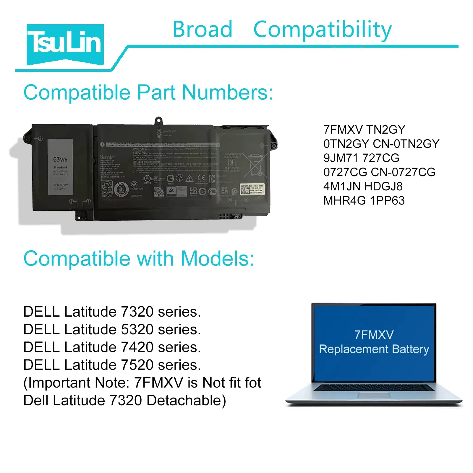 7FMXV 4-Cells Battery Replacement for Dell Latitude 5320 7320 7420 7520 Latitude 5320 2-in-1/7320 2-in-1/7420 2-in-1 Series