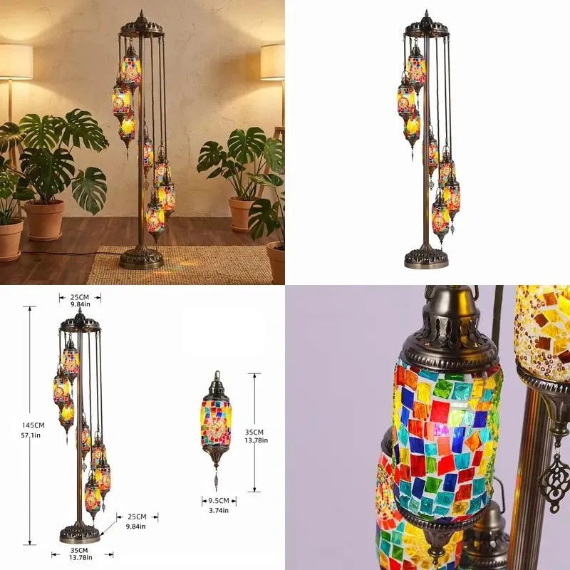 Decorative Wrought Iron LED Night Light with 5 Spherical Lamp Holders Turkish Mosaic Moroccan Retro Design Hotel Floor Lamp