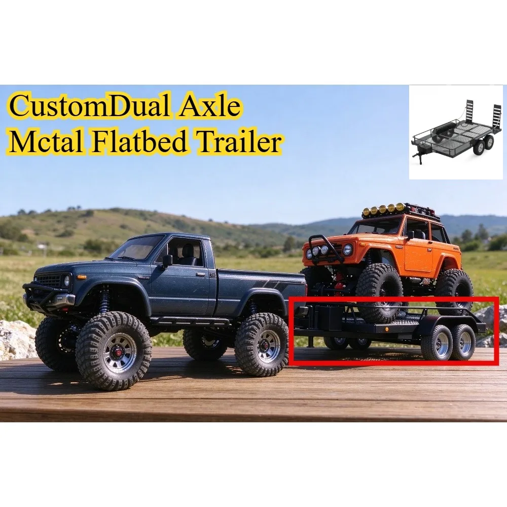 Dual Axle Metal Flatbed Trailer RC Crawler Upgrade 1/10 Scale For Axial SCX10 II TRX4 D90 YIKONG RC custom size Accessories