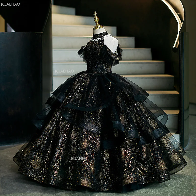 Kids Girls Black Birthday Party Dress Children Puffy Tulle PrincessFashion Show Pageant Dresses Gown for Host Piano Performance