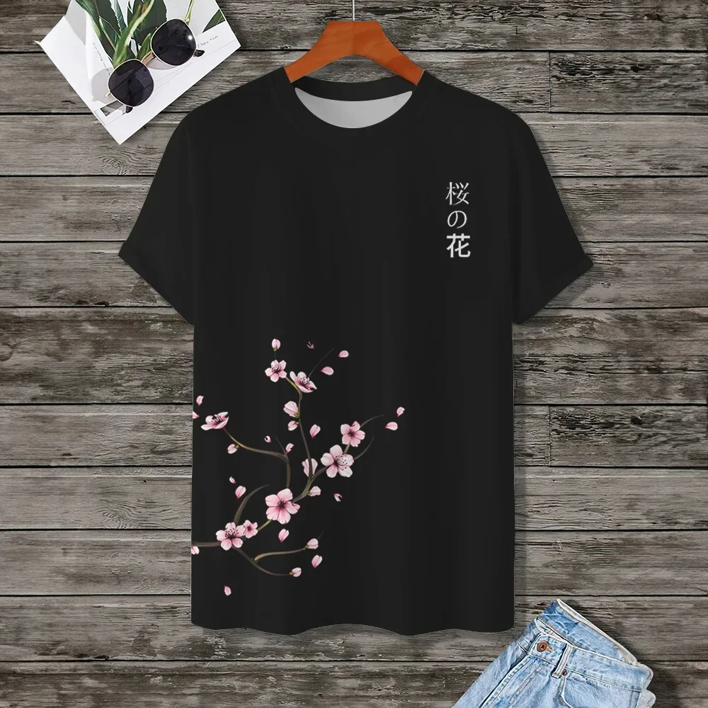 Casual Unisex Tees Japanese Cherry Blossom Pattern Men's T-shirt Chinese Style 3D Plum Blossom Calligraphy O Neck Tops Street