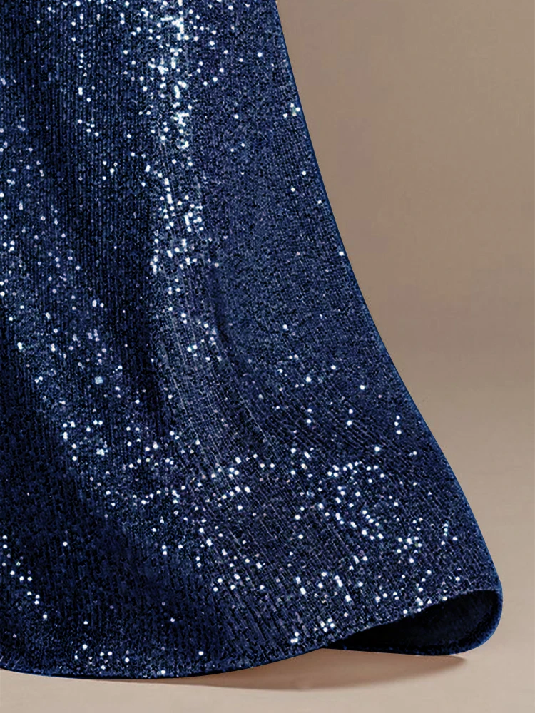 럭셔리 블루 플로어 기장 V넥 이브닝 드레스 여성 우아한 웨딩 파티 맥시 스팽글 반팔 프롬 칵테일 가운