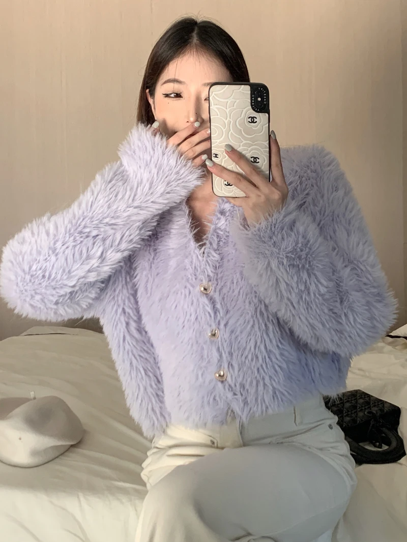 Fluffy Mohair Cardigan V-Neck Gold Button Up Fuzzy Sweater for Women Autumn Winter