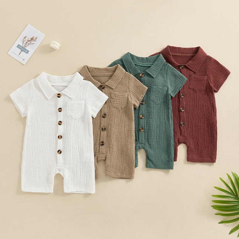 Summer Baby Clothing Newborn Infant Baby Boys Rompers Cotton Linen Solid Color Short Sleeve Lapel Jumpsuit Outfits