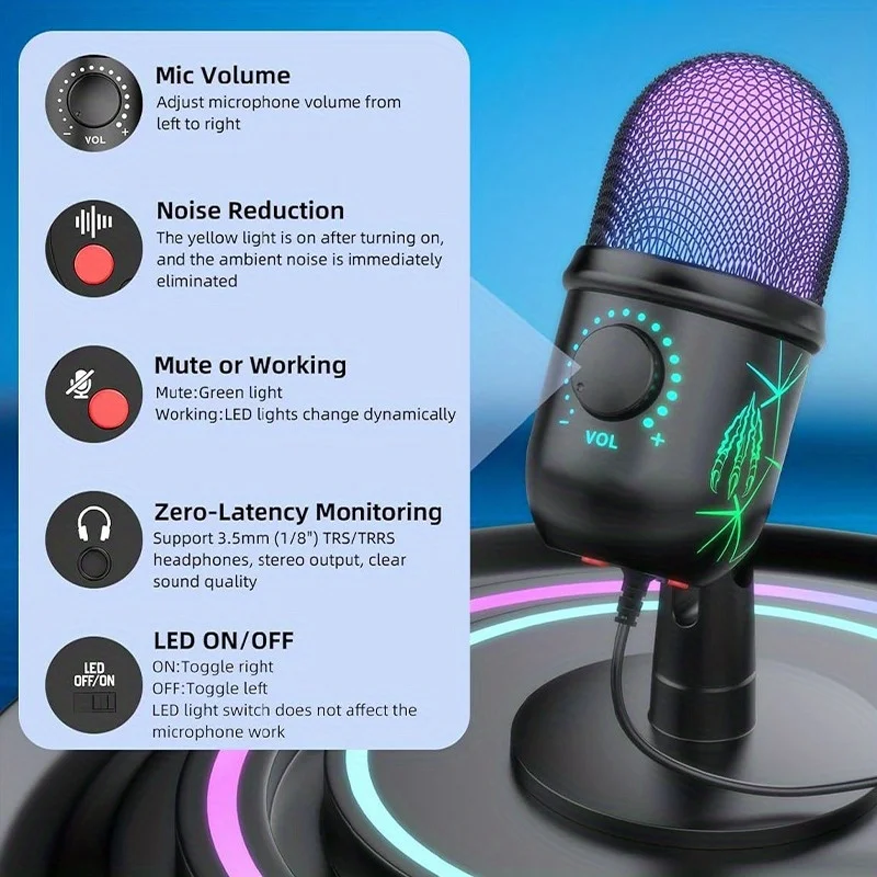 Micrófono USB para PC, Micrófono para Juegos, para Videos de Podcast, Micrófono de Condensador con Luz Indicadora RGB, Botón de Ganancia Giratorio para Juegos