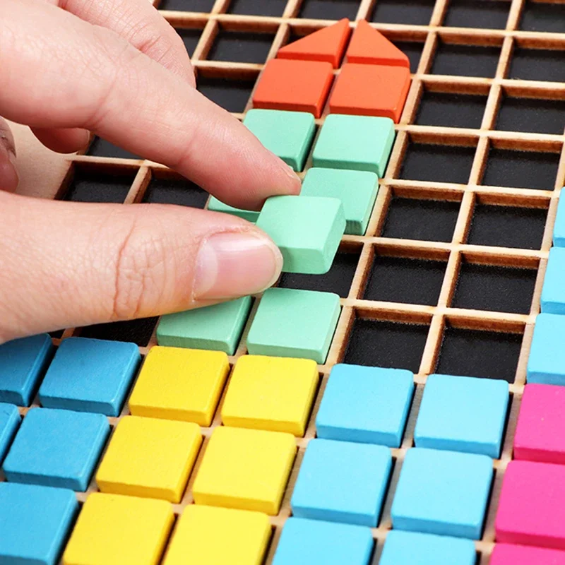 Kids Wooden Geometry Jigsaw Tangram Pixel Blocks Puzzle Toy Montessori Early Education Wooden Game Toys for Children