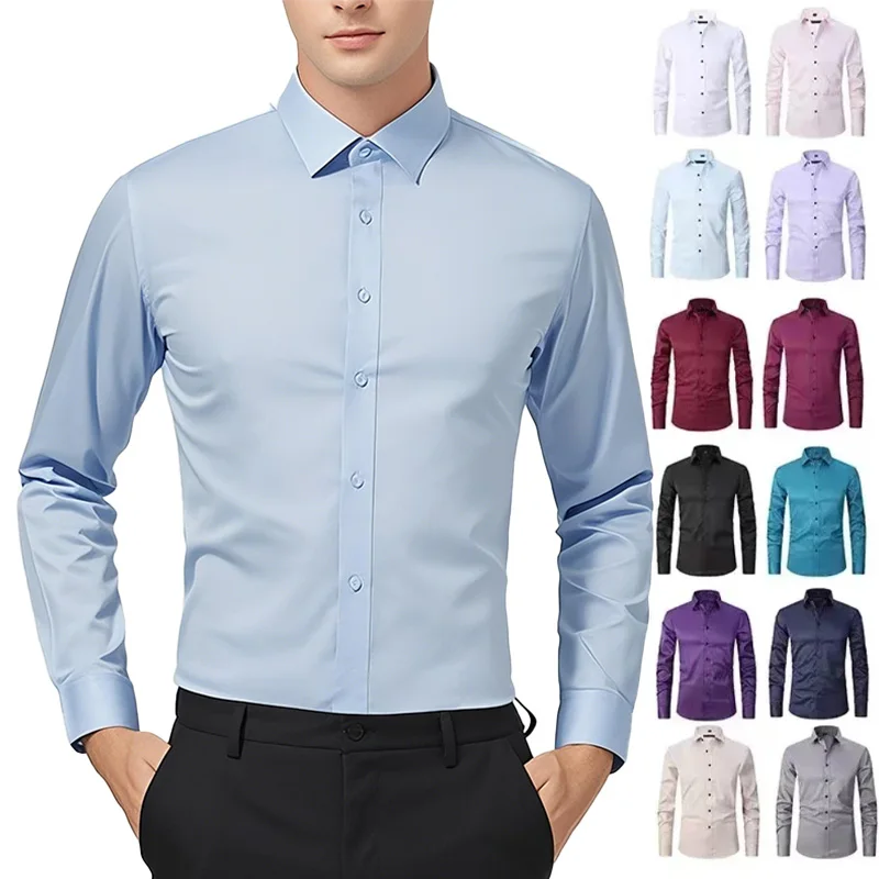 Elastic Solid Shirt New Men Business Leisure Long Sleeved Shirts Slim Fit Professional Dress Best-selling Seasonal Style Blouses