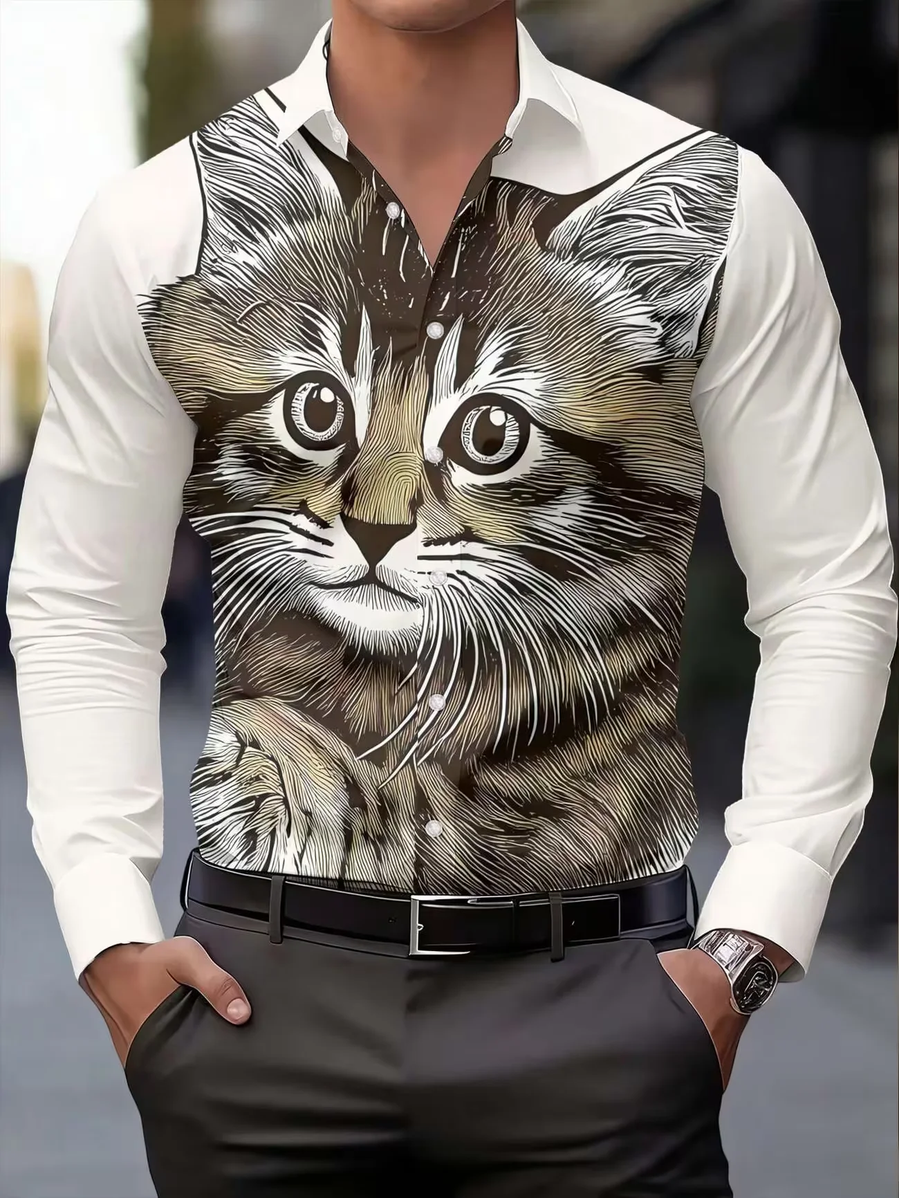 

New white background hand-painted cat print men's long sleeved shirt trendy street style casual shirt