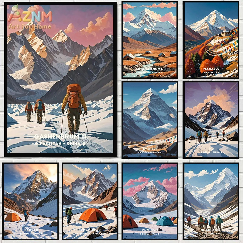 AZNM Impresión en lienzo de la montaña del Himalaya, Everest K2, pico nevado, senderismo, escalada, paisaje, viajes, póster de pared vintage para aventuras al aire libre