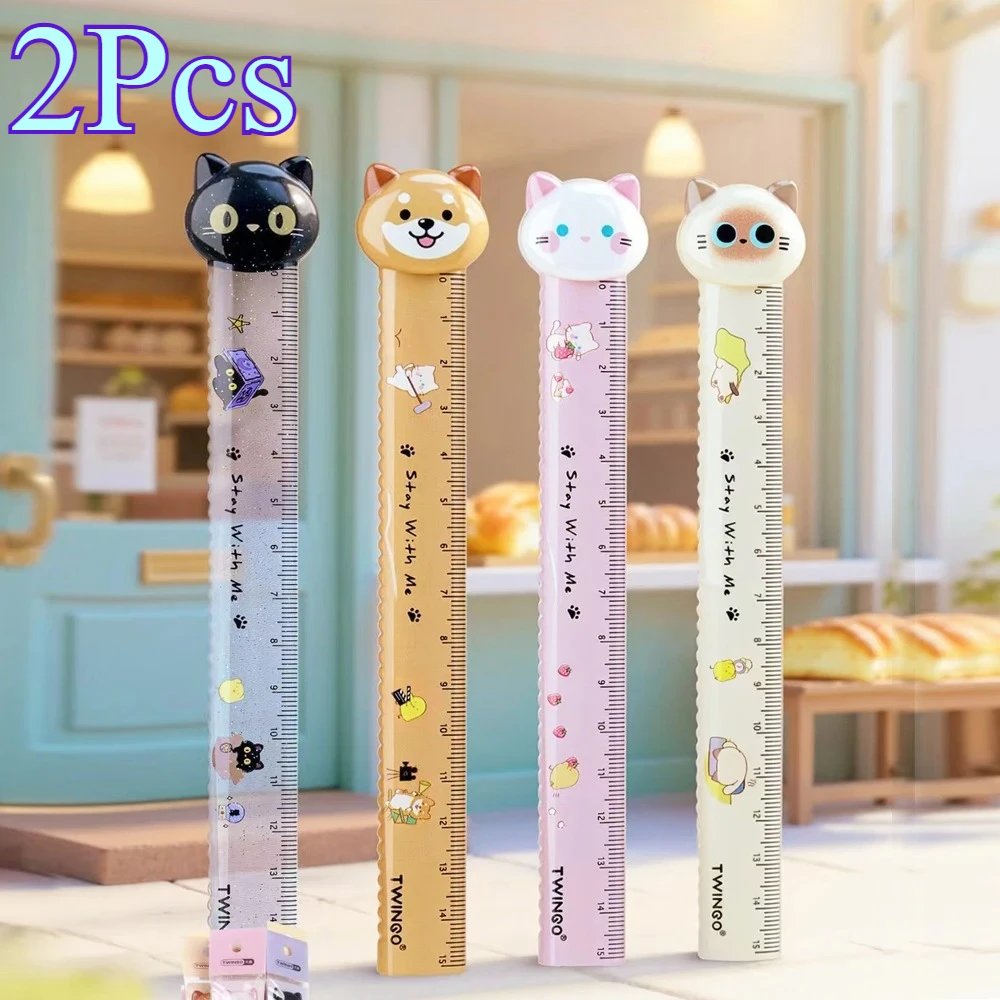 2Pcs Cat Dog Animal Theme Rulers, 5.91inch Drawing Ruler, Plastic Ruler, Stationery Supplies, Drawing Measuring Tool