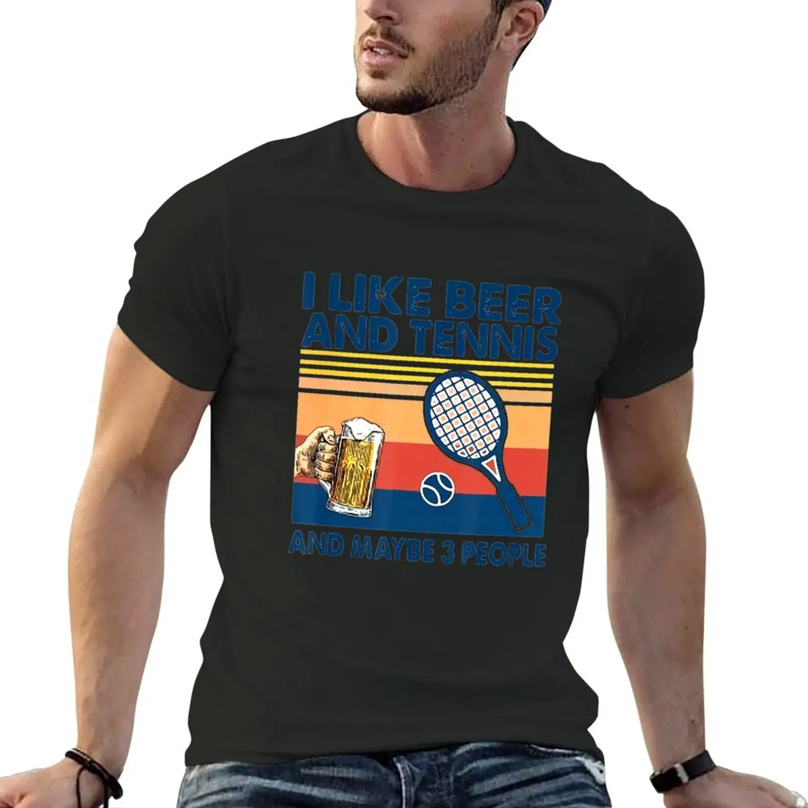 

I like beer and tennis maybe 3 people vintage T-Shirt graphic tee shirt Short sleeve tee street wear mens t shirt graphic