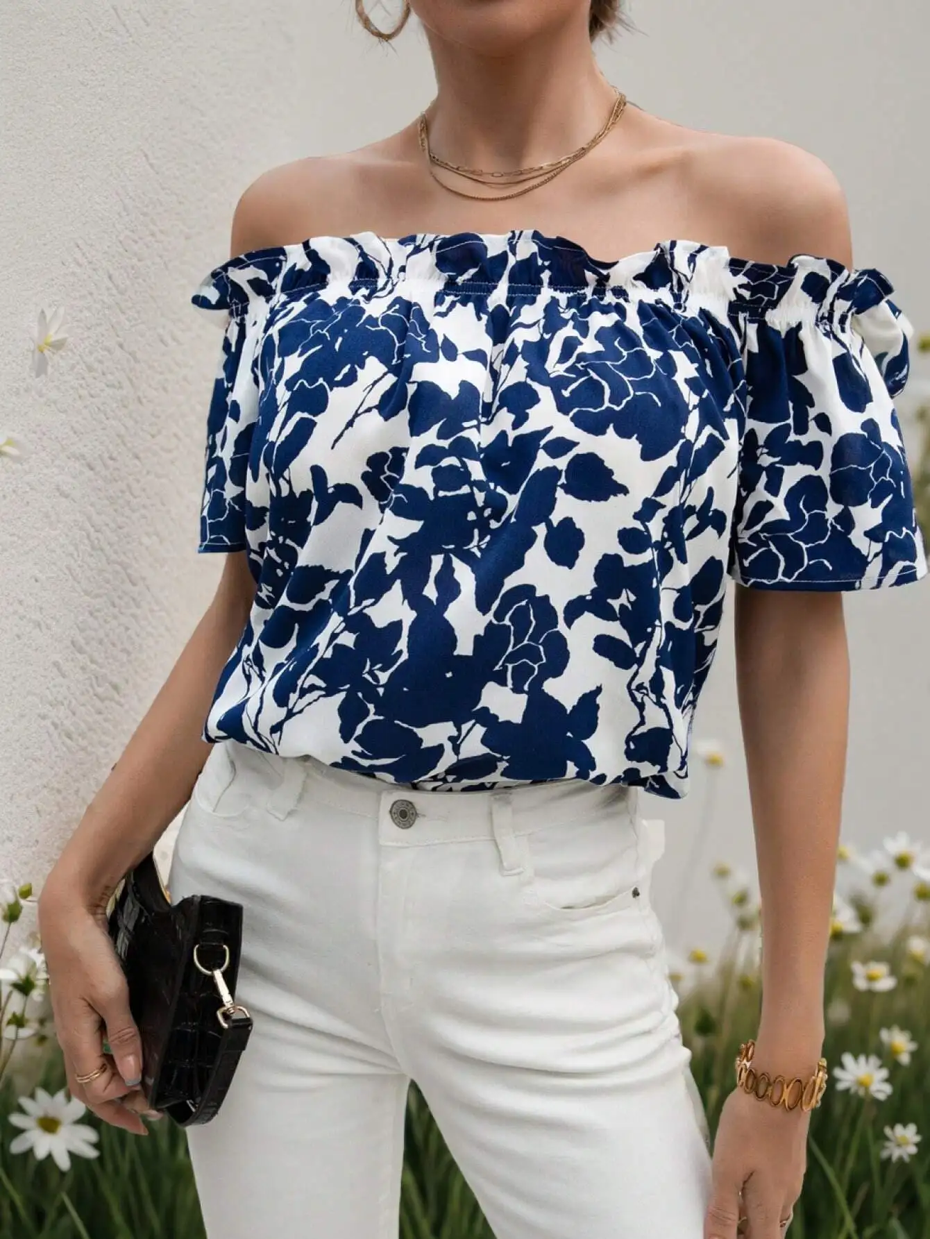 

Off Shoulder Floral Print Short Sleeve Blouse For Women Summer Casual Top