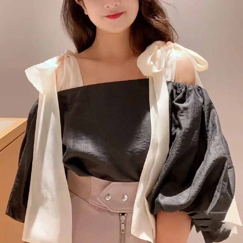 Kuzuwata Japan Bow Tie Loose Off Shoulder Tops Short Lantern Sleeve Lace Up Chemise Femme 2024 Chiffon Solid Color Sweet Blouses