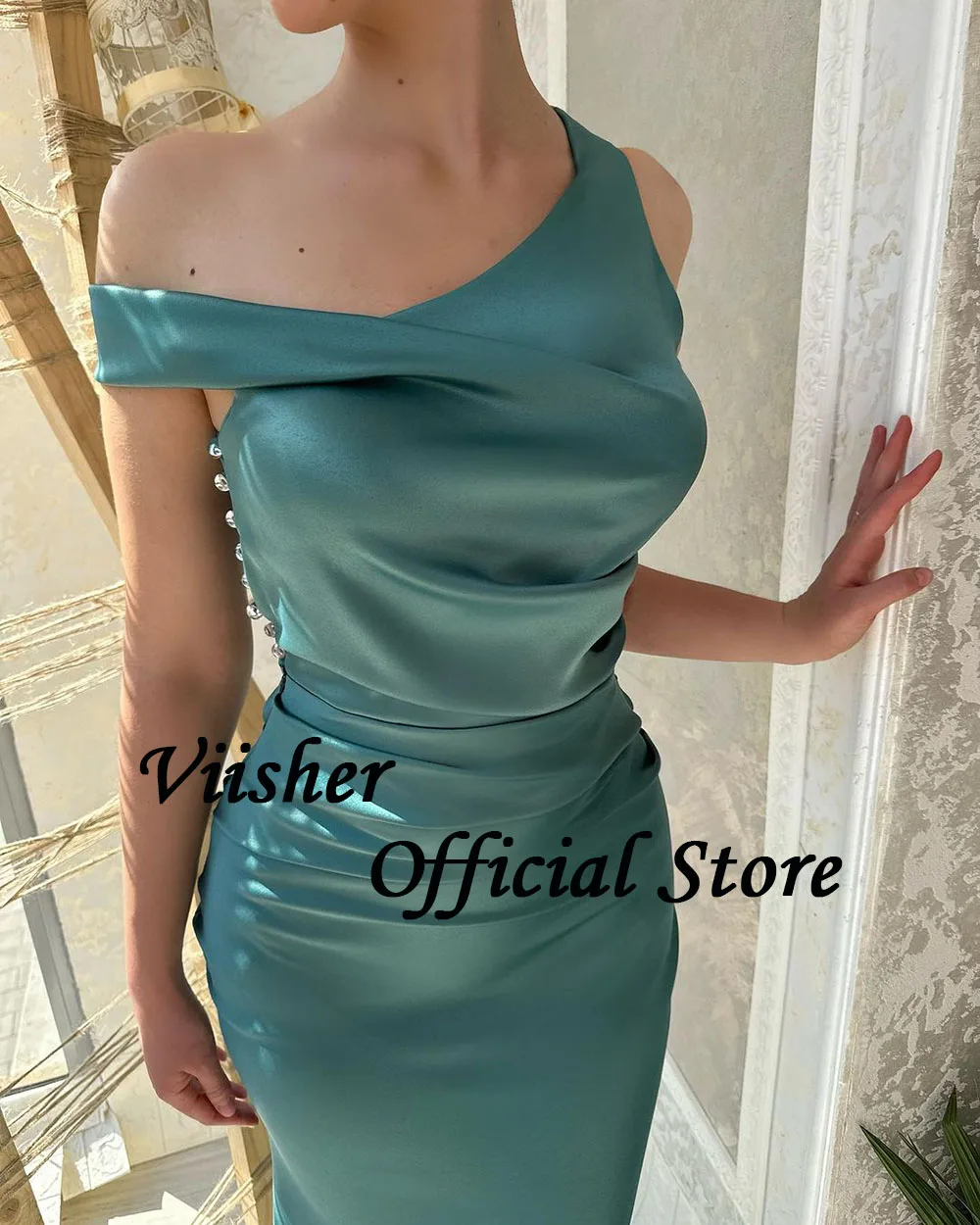 Viisher Green One Shoulder Mermaid Evening Dresses Pleats Satin Bodycon Long Prom Party Dress with Train Formal Gowns