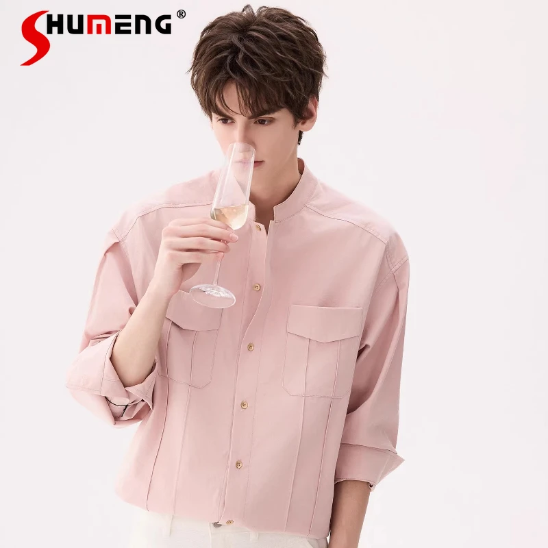 

Мужские модные рубашки с воротником-стойкой однотонного цвета, весна 2026: трендовые топы с длинным рукавом, стильные и элегантные мужские рубашки